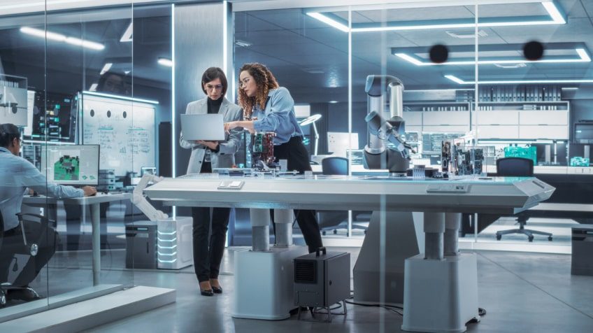 A group of professionals collaborating in a modern office.